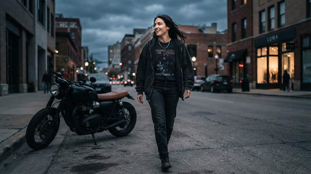 Rider in a distressed bikercore hoodie and vintage graphic tee walking away from a motorcycle on a city street at dusk