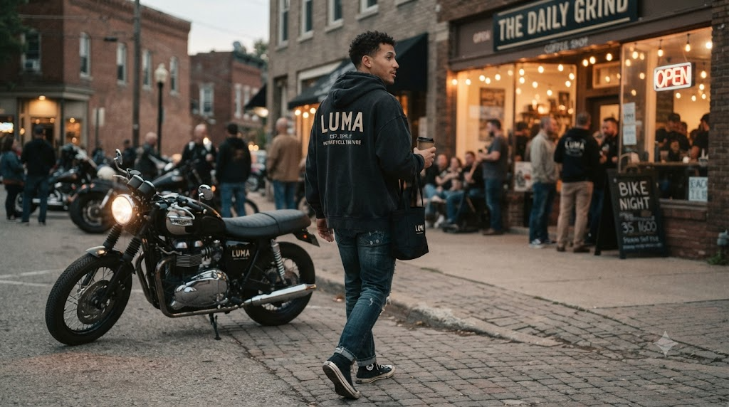 Rider in an oversized black graphic hoodie walking toward a small-town coffee shop at bike night