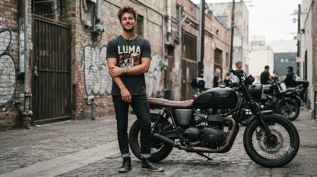 Rider in a bold LUMA graphic tee standing beside a parked motorcycle in an urban alley