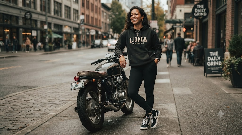Confident woman rider in a relaxed LUMA graphic hoodie standing beside her parked motorcycle on a city street