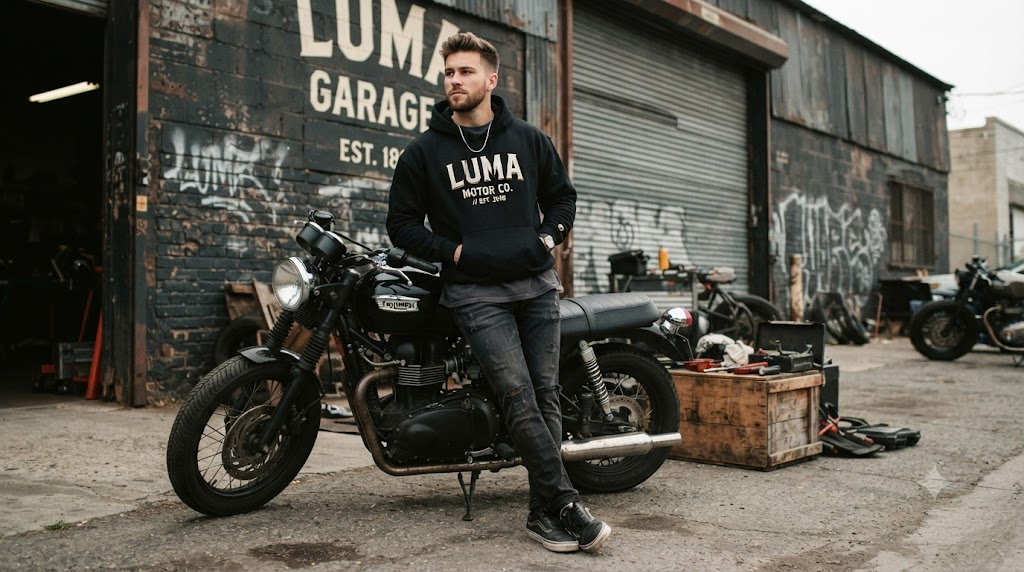 Rider wearing a relaxed LUMA graphic hoodie leaning against a parked motorcycle outside a garage