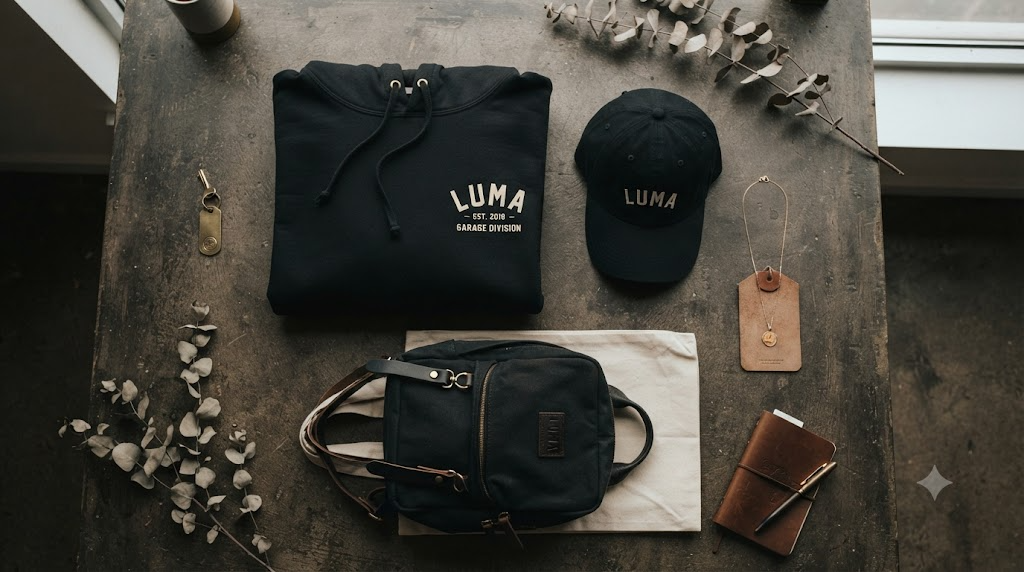 LUMA gift flat-lay with a folded hoodie, cap, backpack, and necklace styled for a rider gift guide