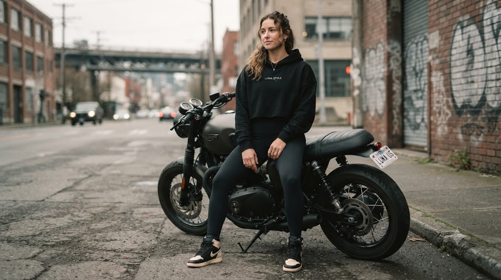 Rider in black high-waisted performance leggings and cropped hoodie sitting on a parked motorcycle