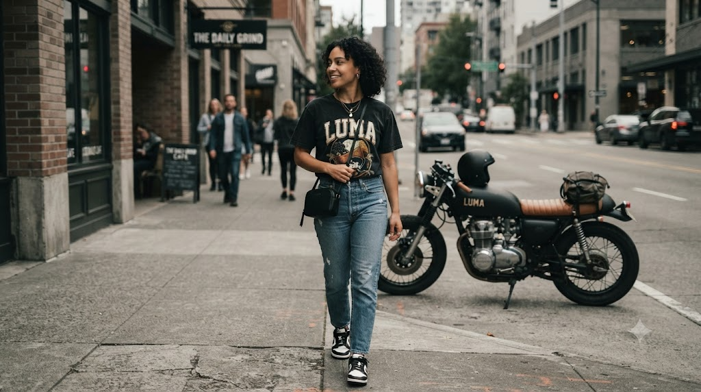 Woman rider in a casual daily outfit walking down a city sidewalk with her motorcycle parked at the curb