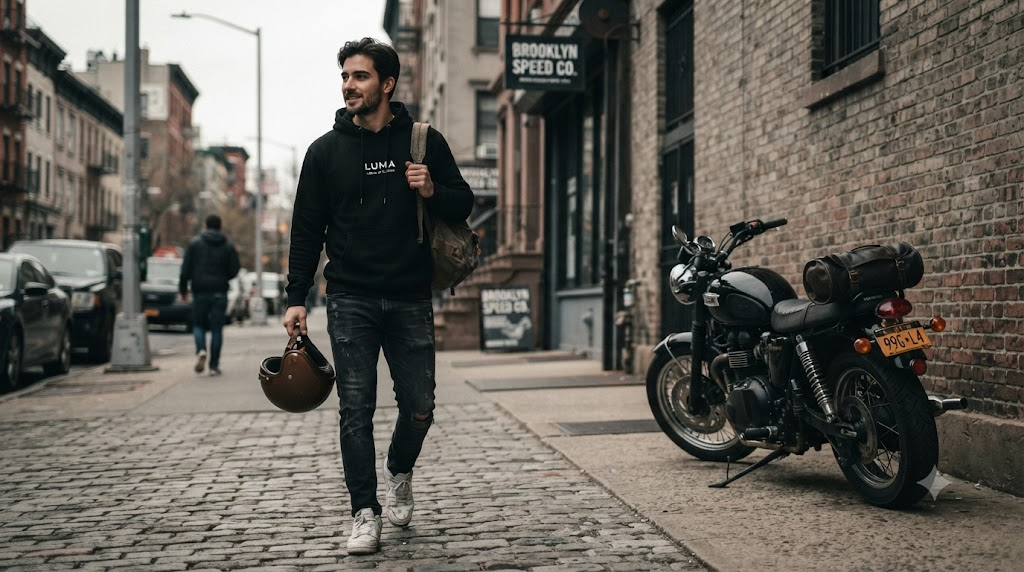Male rider in a casual graphic hoodie walking through an urban neighborhood with his motorcycle parked nearby