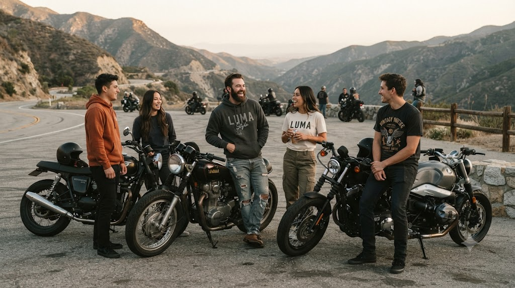 Group of riders in graphic hoodies and tees hanging out at a scenic weekend meetup spot