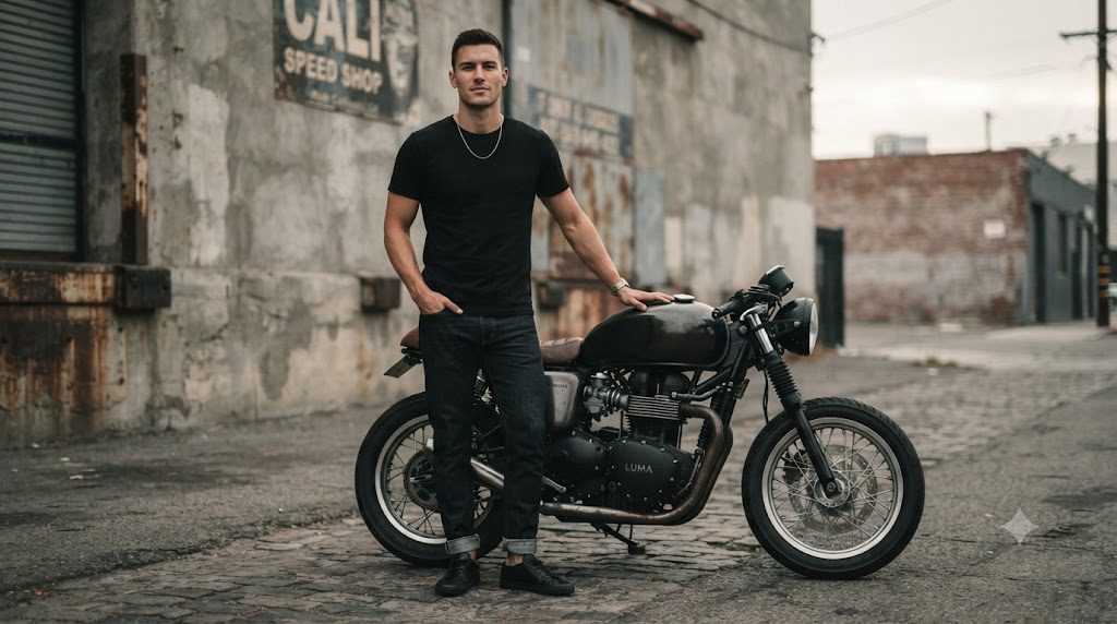 Male rider in a minimalist monochrome outfit standing beside a stripped-down cafe racer motorcycle