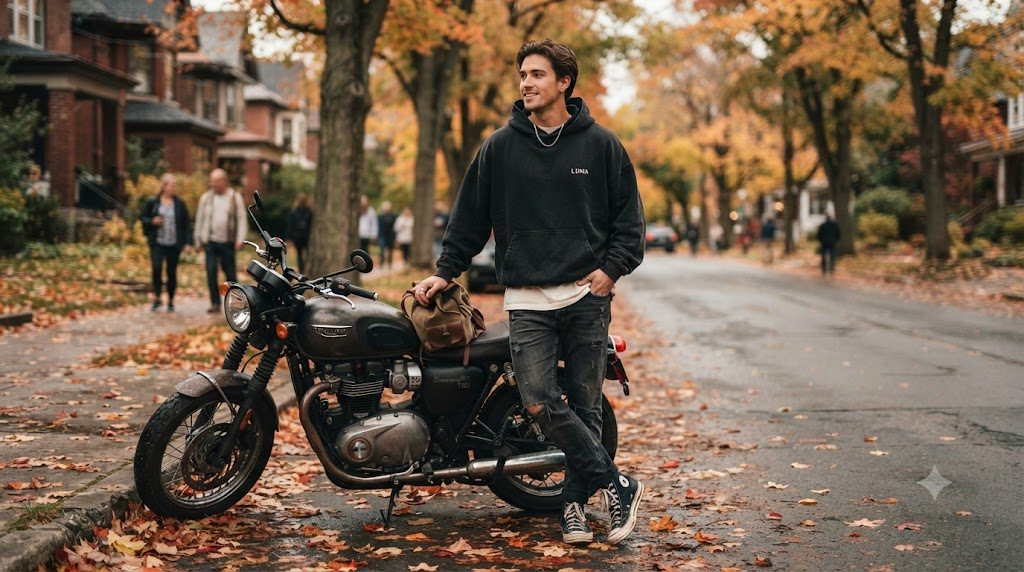 Rider layered in an oversized hoodie standing beside a parked motorcycle on a tree-lined fall street