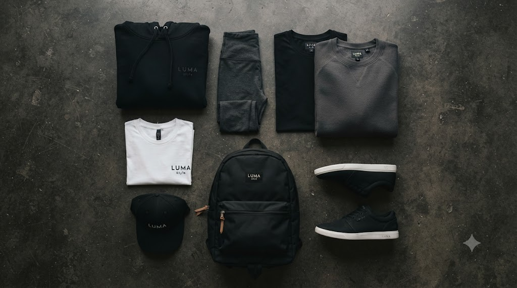 Minimalist black, white, and grey rider capsule wardrobe flat-lay with hoodie, tee, leggings, cap, and backpack