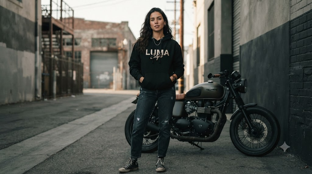 Confident rider in a LUMA graphic hoodie standing beside a parked motorcycle in an urban alley