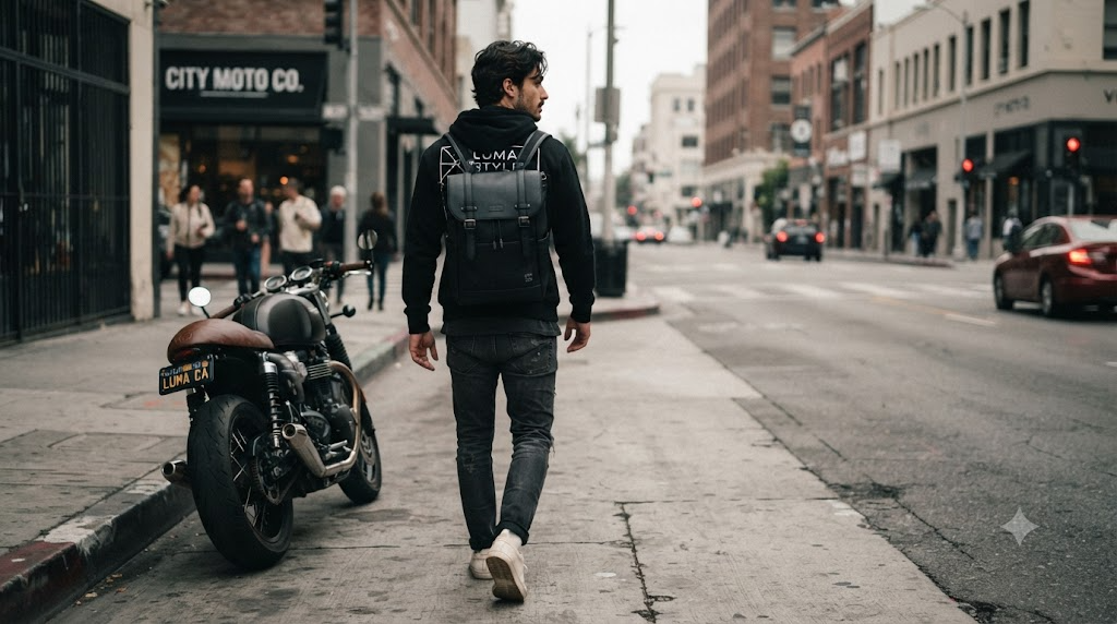 Rider wearing a sleek backpack over a graphic hoodie walking through a city street near a parked motorcycle