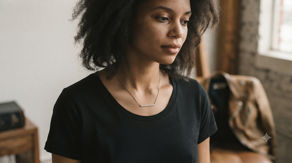 Close-up of a rider wearing a minimalist bar necklace over a plain black tee