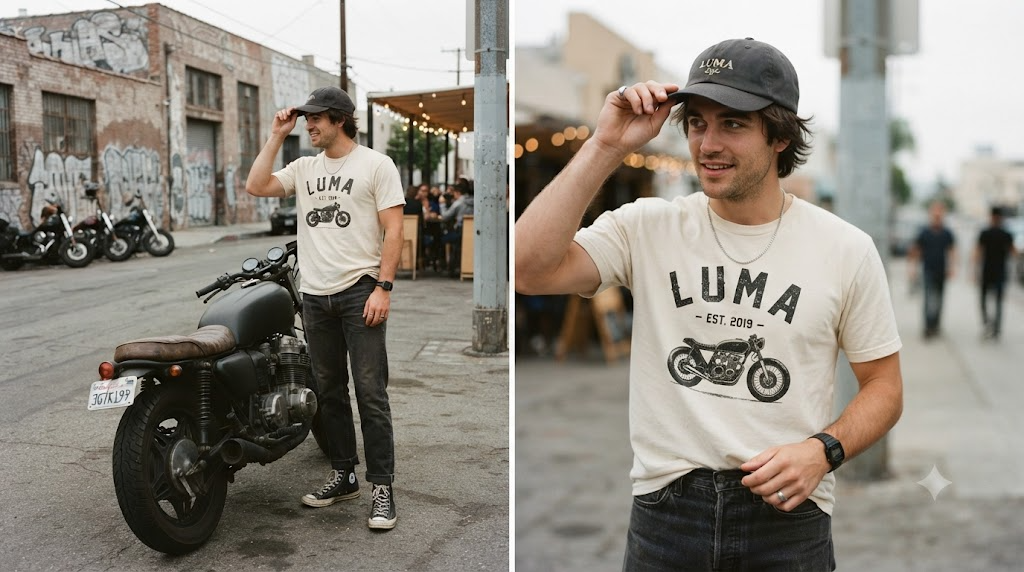 Rider wearing an embroidered baseball cap and graphic tee beside a parked motorcycle