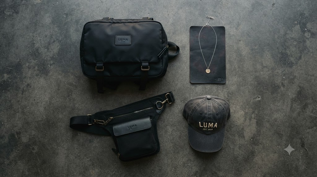 Rider everyday-carry flat-lay with leg bag, backpack, cap, and minimalist necklace