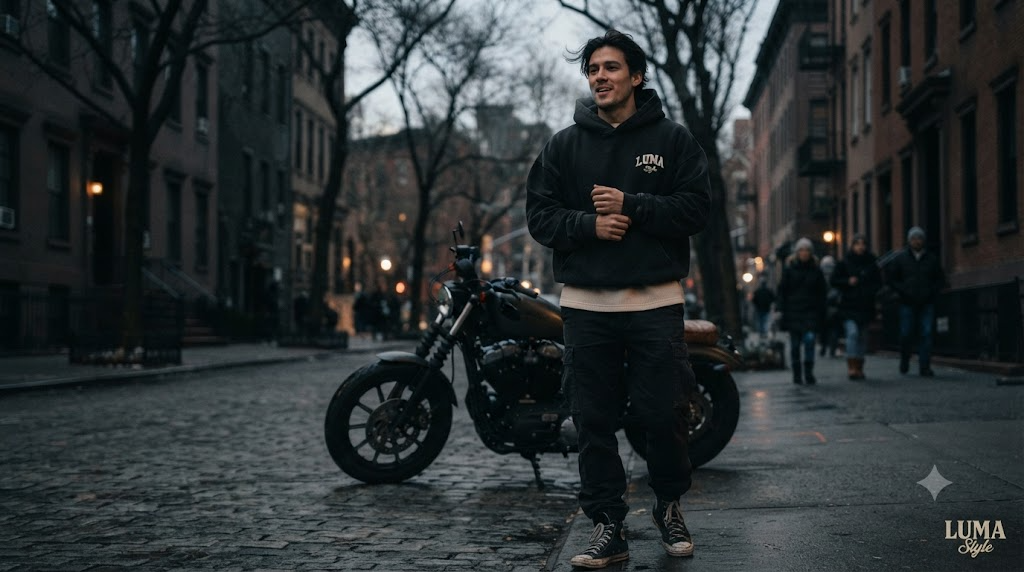 Rider in a heavier oversized hoodie standing beside a parked motorcycle on a cold winter city street