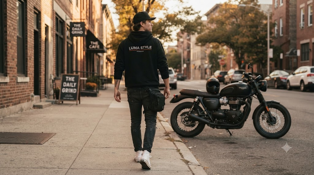 Rider walking away from a parked motorcycle wearing a leg bag and graphic hoodie, off-bike streetwear look