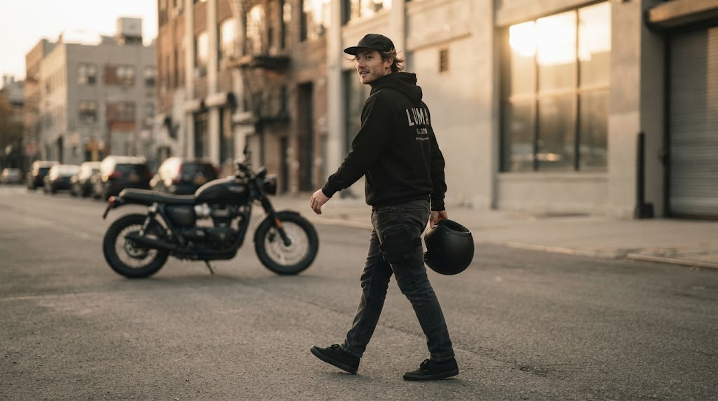 Rider in a black graphic hoodie and snapback cap glancing back mid-stride toward a parked motorcycle on an empty city street at golden hour, off-bike streetwear look