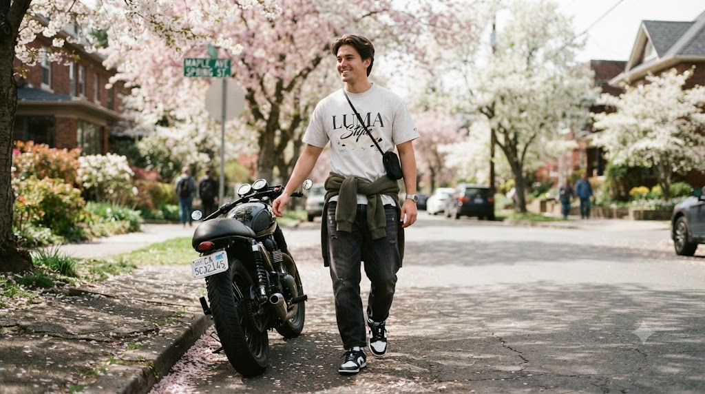 Rider in LUMA graphic tee with hoodie tied at the waist walking beside a parked motorcycle on a spring street lined with blossom trees