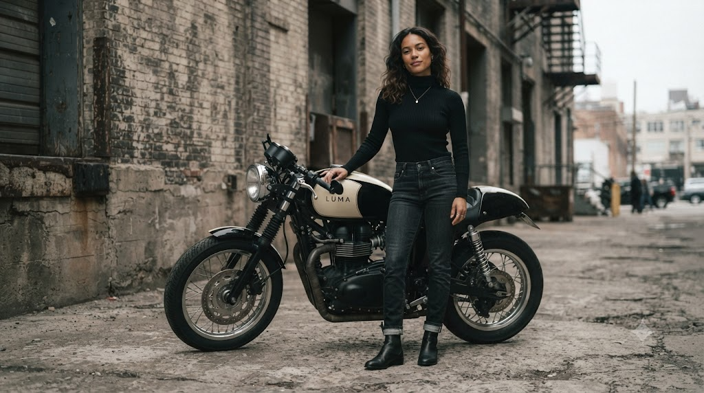 Woman in a fitted turtleneck and slim dark denim standing beside a classic cafe racer motorcycle in an urban industrial setting