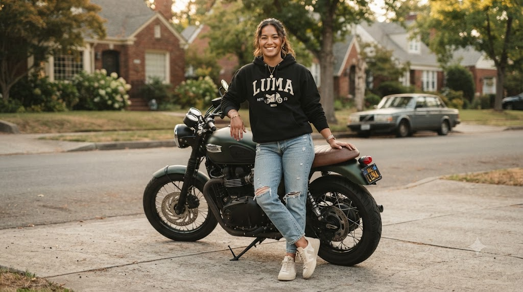 New rider smiling and leaning against a parked motorcycle in a relaxed suburban driveway wearing a LUMA graphic hoodie and jeans