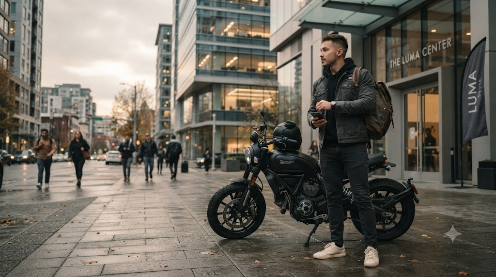 Rider commuter in smart-casual layered outfit with laptop bag standing beside a parked motorcycle outside a modern office building at sunrise
