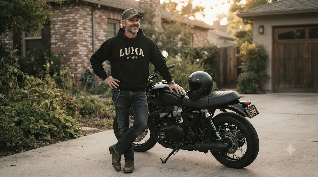 Motorcycle rider in graphic hoodie and cap standing beside parked motorcycle in a driveway at golden hour, off-bike streetwear style, returning rider