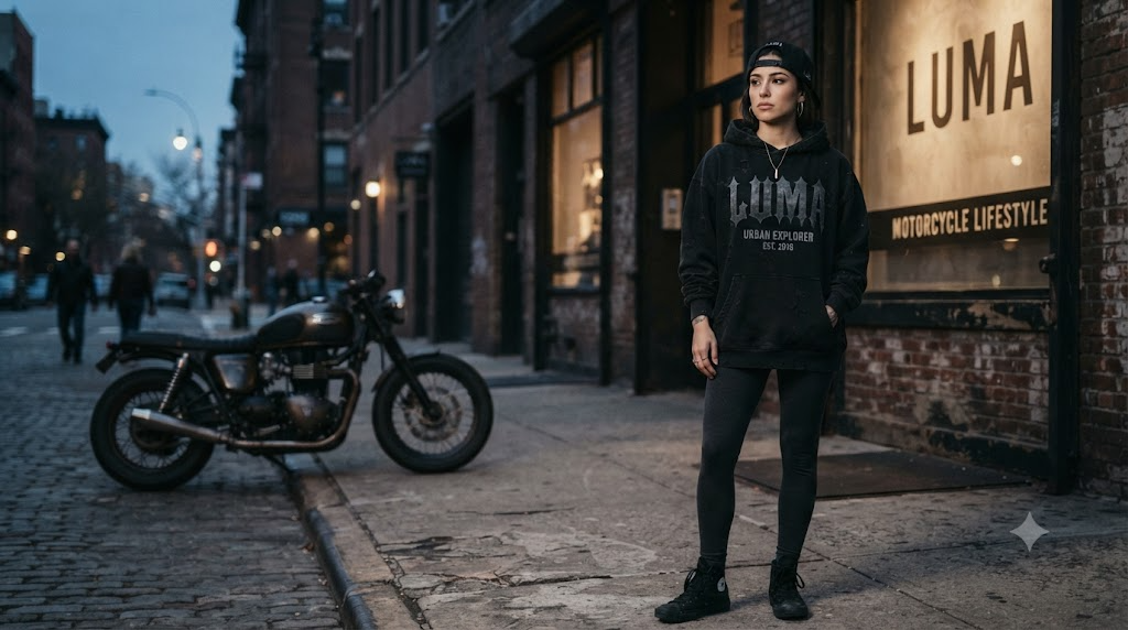 Rider in gothic dark-aesthetic streetwear hoodie standing near a dimly lit brick storefront at dusk