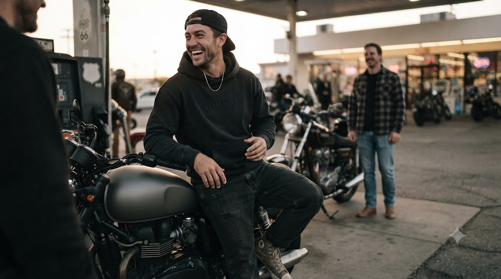 Rider laughing with friends at a gas station stop during a group motorcycle ride, wearing a LUMA hoodie at golden hour