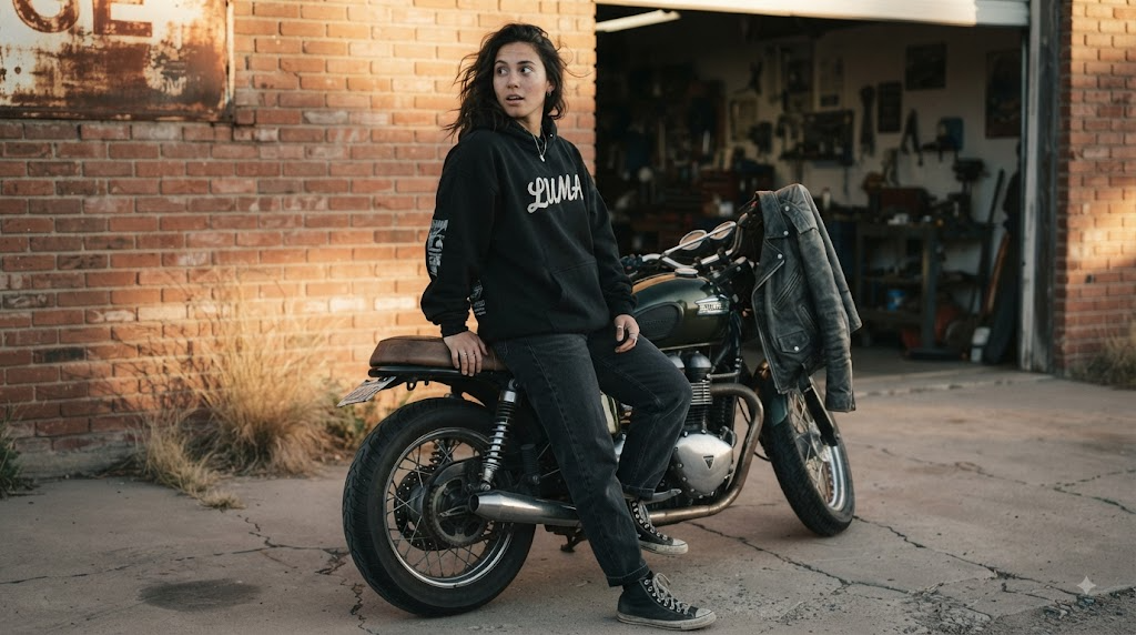 Rider in a black graphic hoodie glancing over their shoulder beside a vintage-styled motorcycle outside a brick garage at golden hour, with a worn leather jacket draped on the handlebars nodding to biker history