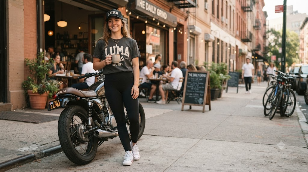 Rider in a breathable graphic tee, cap, and leggings standing beside a parked motorcycle outside a sunlit cafe, styled for a summer capsule wardrobe