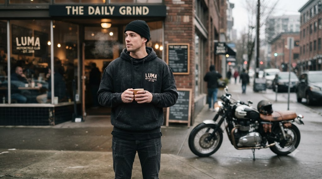 Rider in an oversized black hoodie standing outside a coffee shop on a cold winter day, LUMA Style off-bike streetwear look