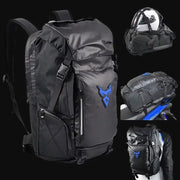LUMA MotoPack Pro in blue accent color — full bag, helmet carry, motorcycle mount, and worn views