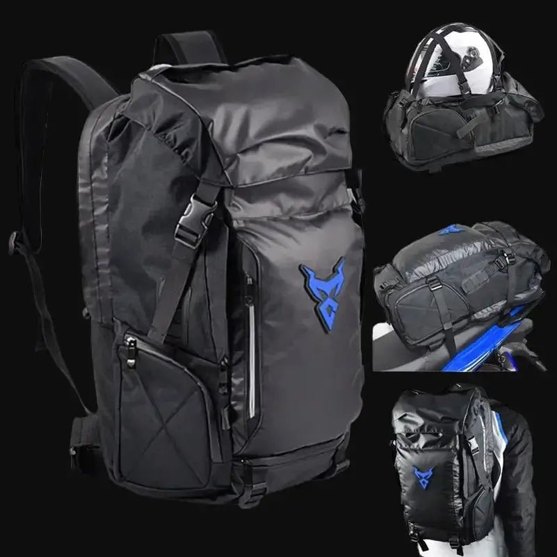 LUMA MotoPack Pro in blue accent color — full bag, helmet carry, motorcycle mount, and worn views