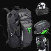 LUMA MotoPack Pro in green accent color — full bag, helmet carry, motorcycle mount, and worn views
