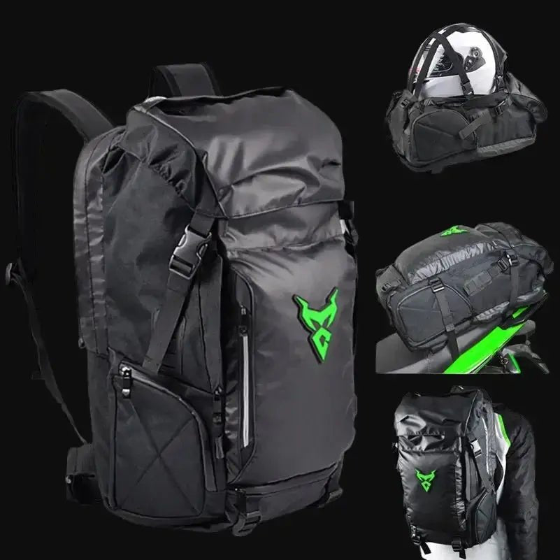 LUMA MotoPack Pro in green accent color — full bag, helmet carry, motorcycle mount, and worn views