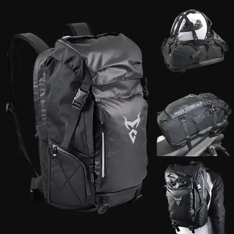 LUMA MotoPack Pro in gray accent color — full bag, helmet carry, motorcycle mount, and worn views