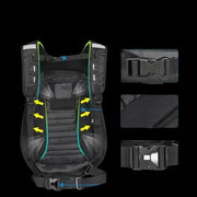 Diagram of the LUMA CarbonRide backpack's padded straps, back panel, and adjustable buckles