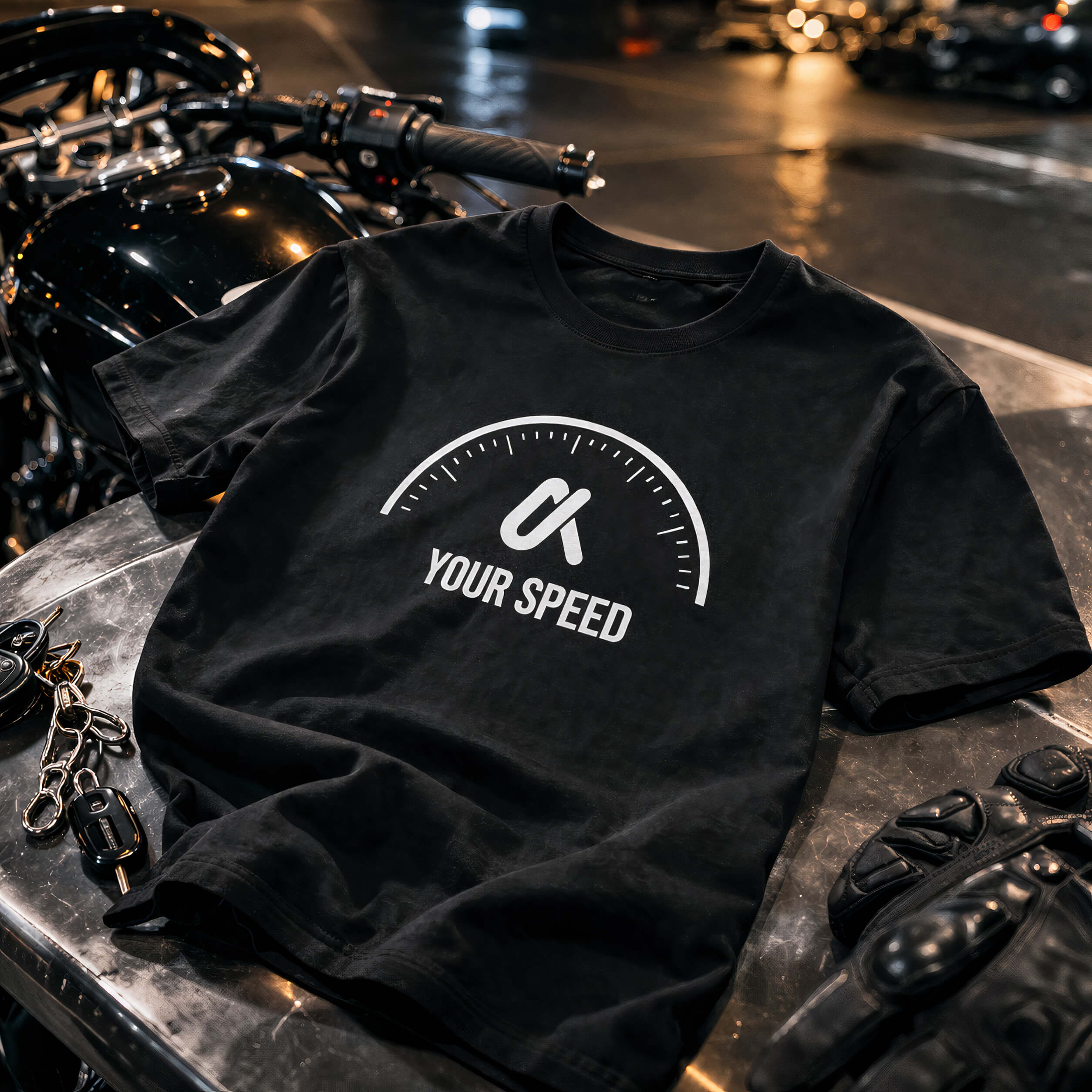 Black streetwear graphic t-shirt minimal dial design laid on motorcycle urban aesthetic