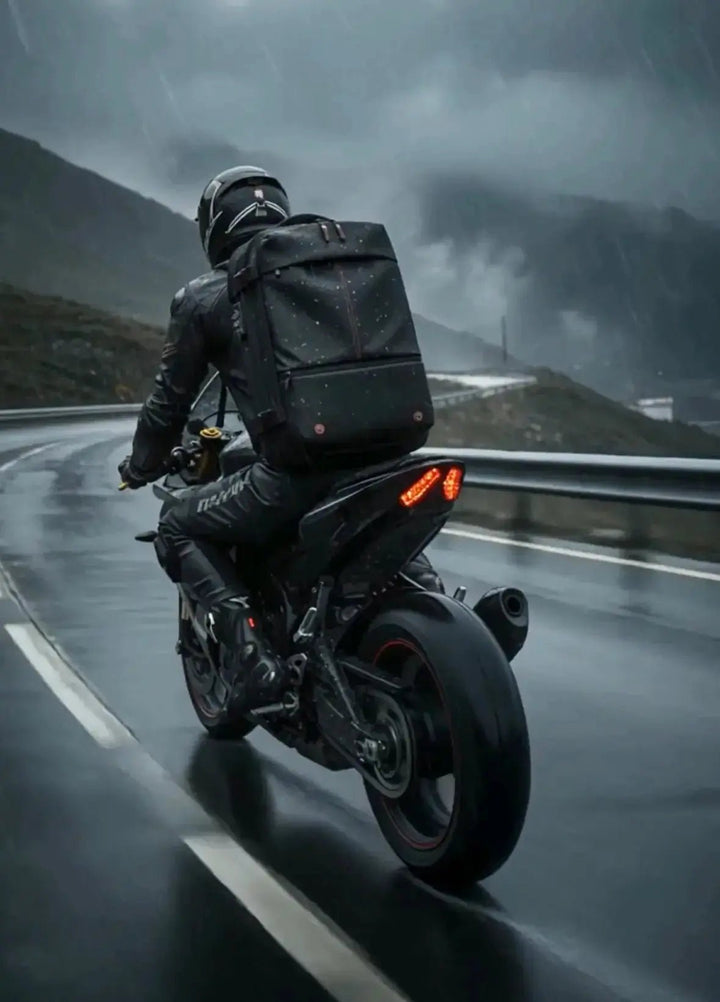 Motorcyclist riding on a wet mountain road wearing the LUMA Control backpack, rear view