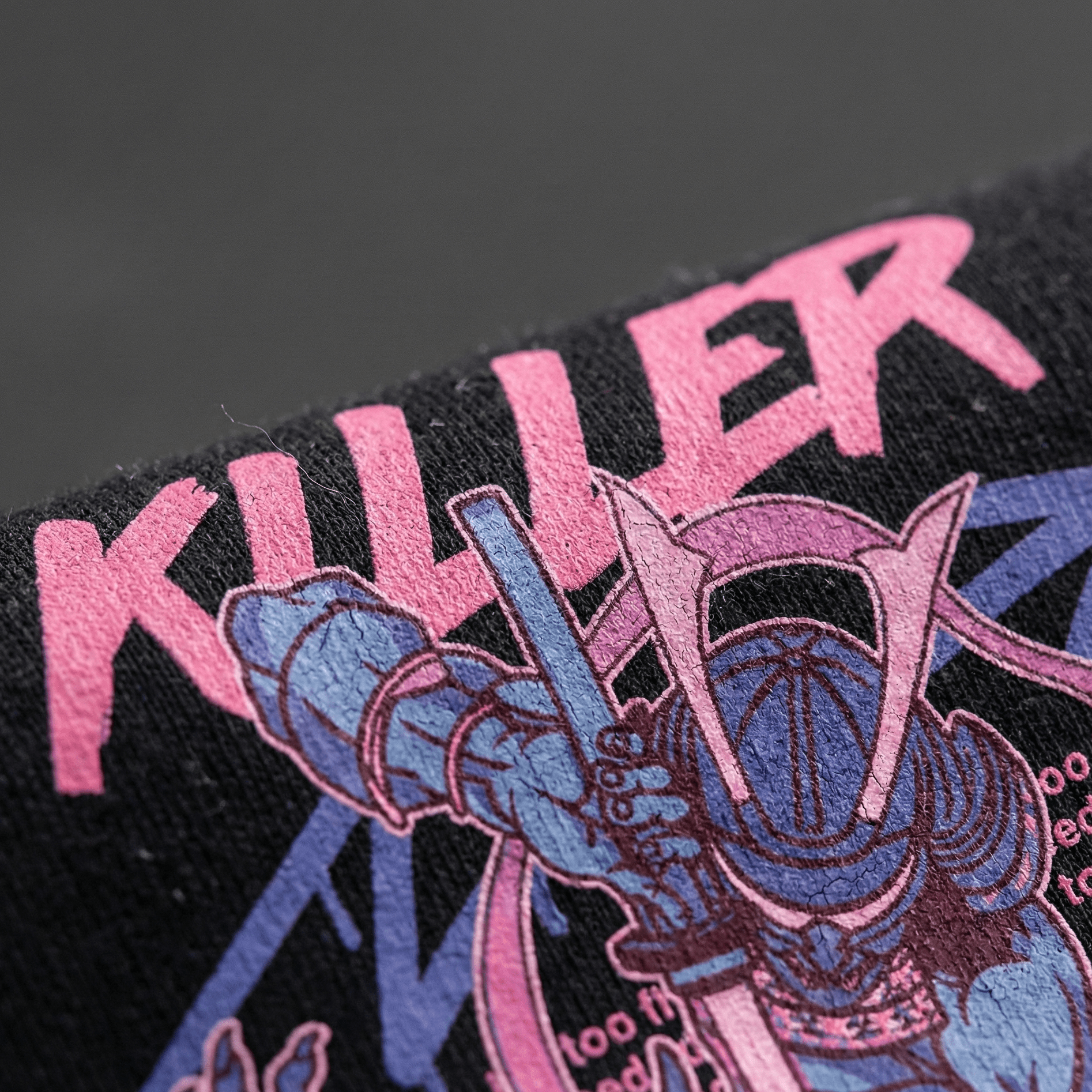 Close-up of motorcycle hoodie back graphic with bold typography and artwork, premium biker streetwear design
