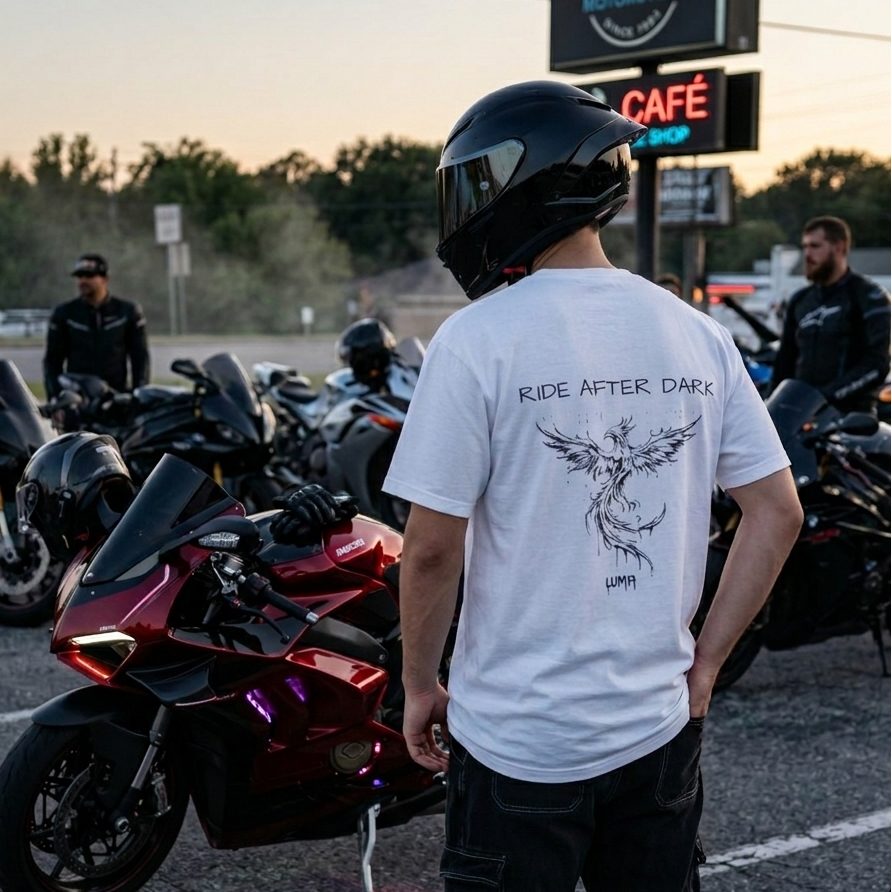 Person wearing a white t-shirt with a graphic design, standing next to a motorcycle in a parking lot with other motorcycles and people.