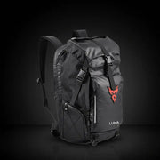 LUMA MotoPack Pro backpack front three-quarter studio shot with LUMA wordmark