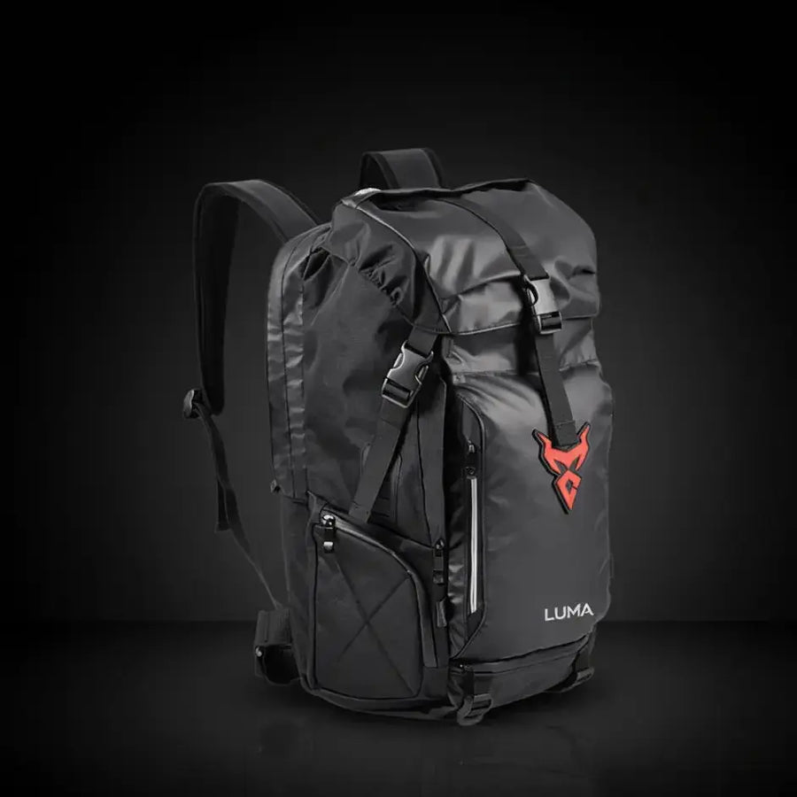 LUMA MotoPack Pro backpack front three-quarter studio shot with LUMA wordmark