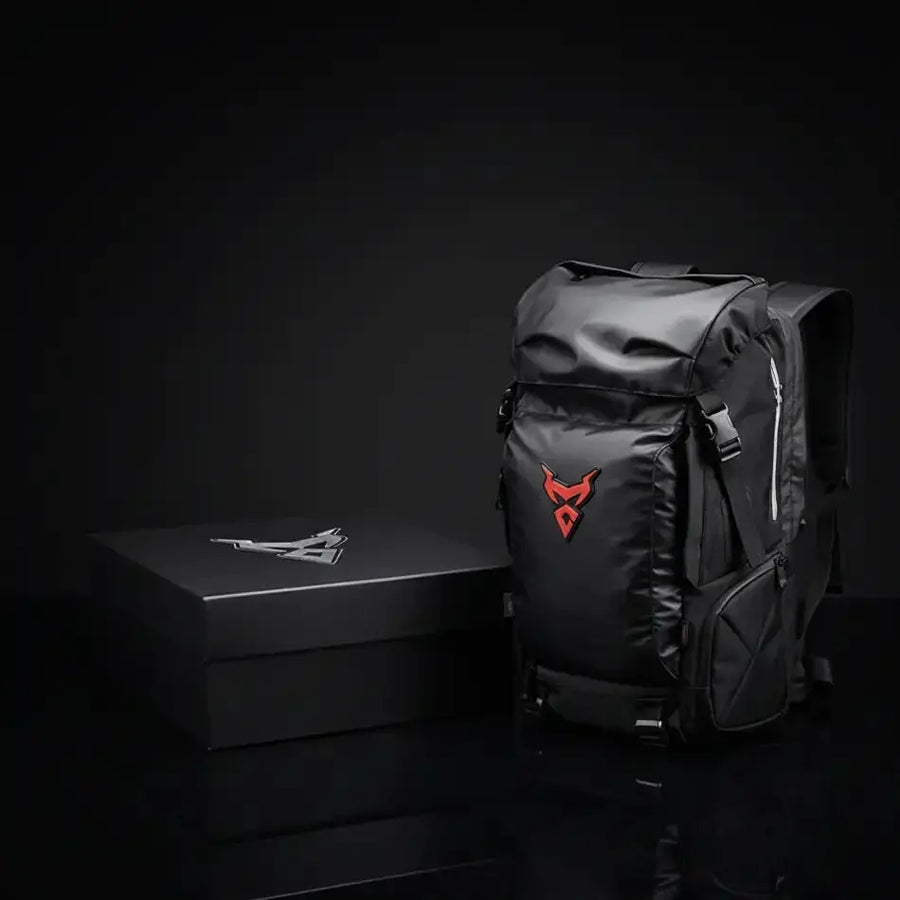 LUMA MotoPack Pro backpack beside its branded LUMA gift box
