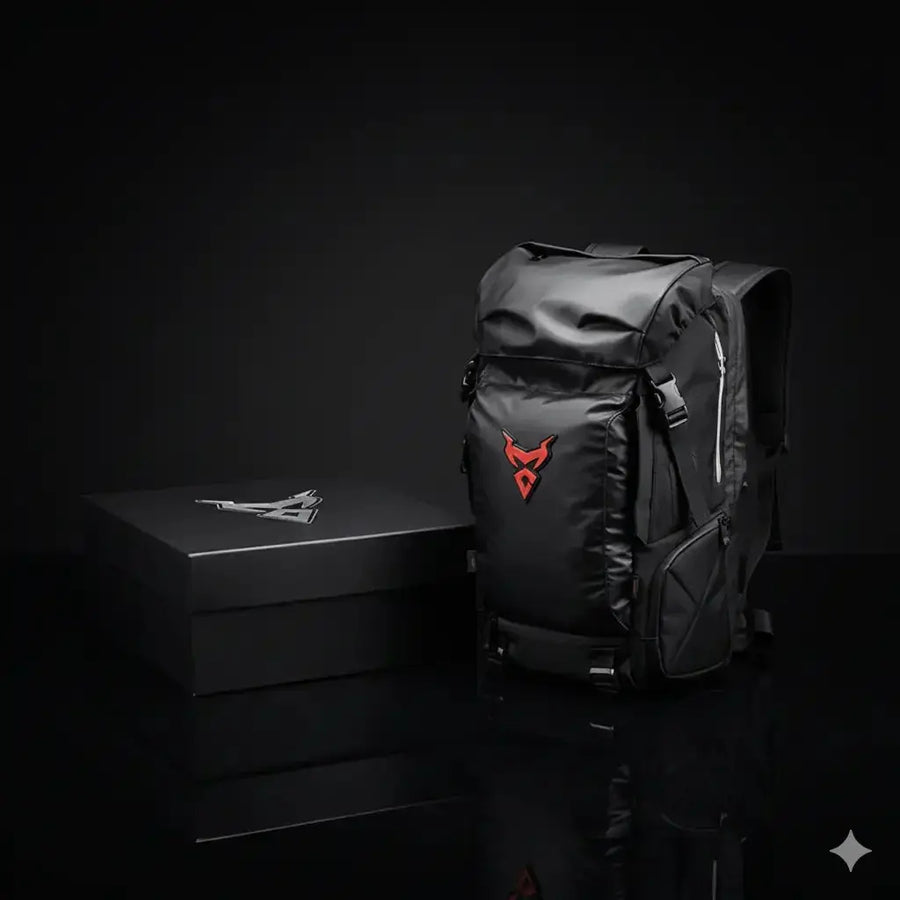LUMA MotoPack Pro backpack and packaging box, alternate studio angle