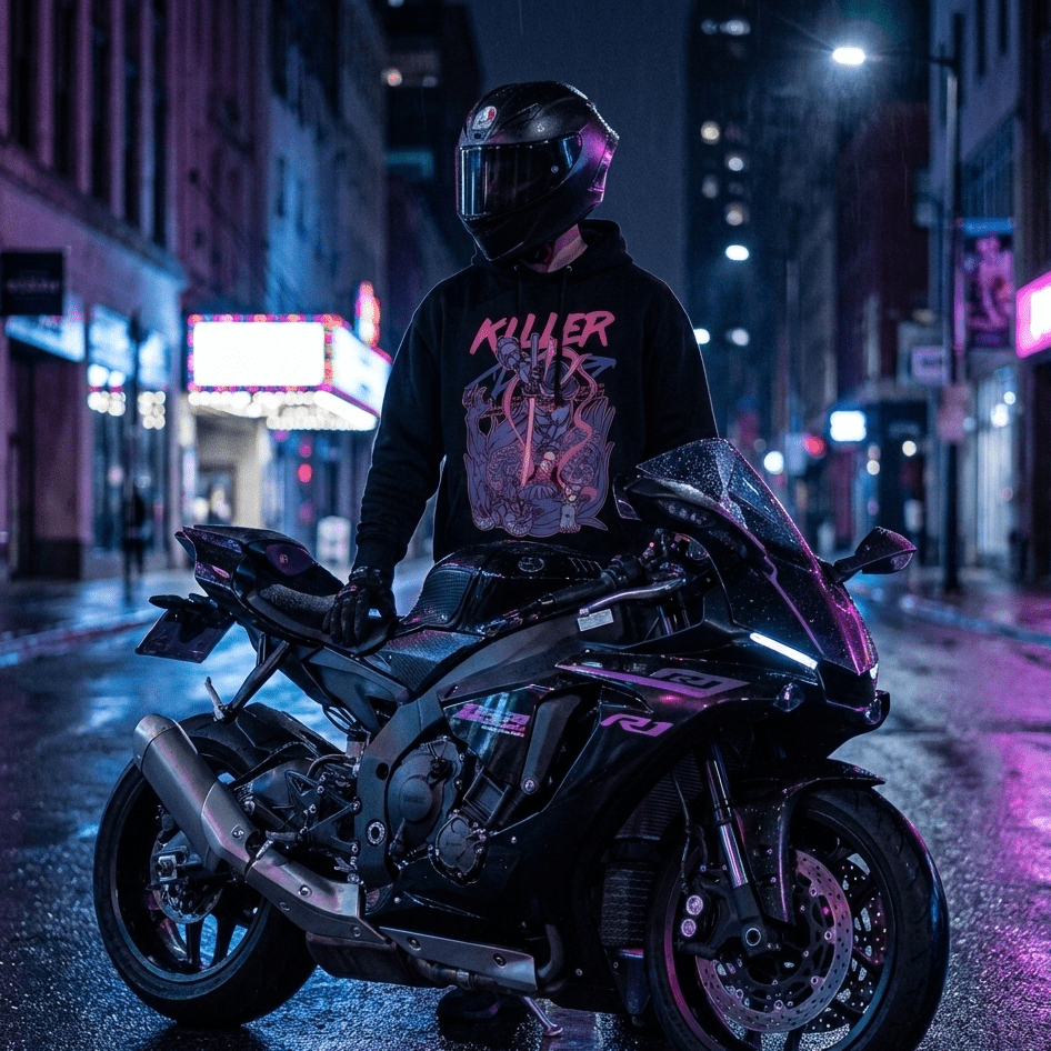 Motorcycle rider wearing a graphic hoodie and full face helmet at night, urban motorcycle lifestyle and street riding aesthetic