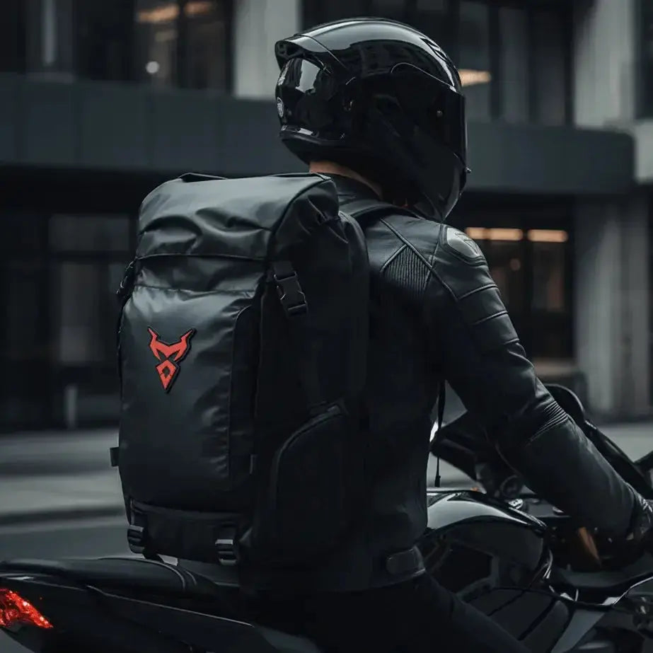 Motorcyclist walking through the city wearing the LUMA MotoPack Pro backpack, red logo detail, rear view
