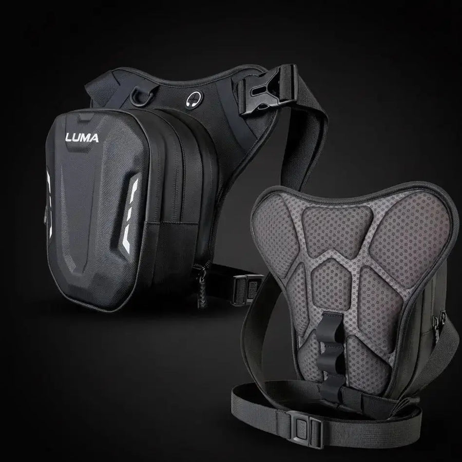 LUMA Leg Bag exterior front logo and padded back panel views