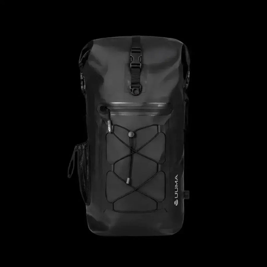 LUMA AquaRider black waterproof backpack, front studio shot