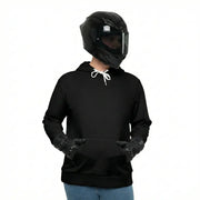 Man in a motorcycle helmet wearing the plain black LUMA Rider hoodie, front view